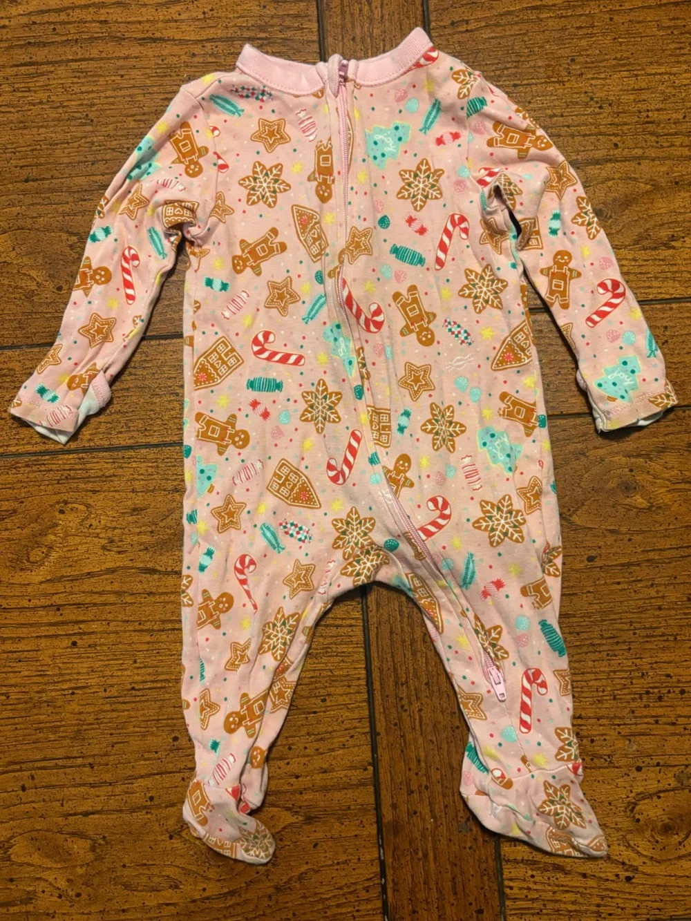 Pink Holiday Christmas  Gingerbread Zip Front Baby One-Piece Pajama, 6-9 month